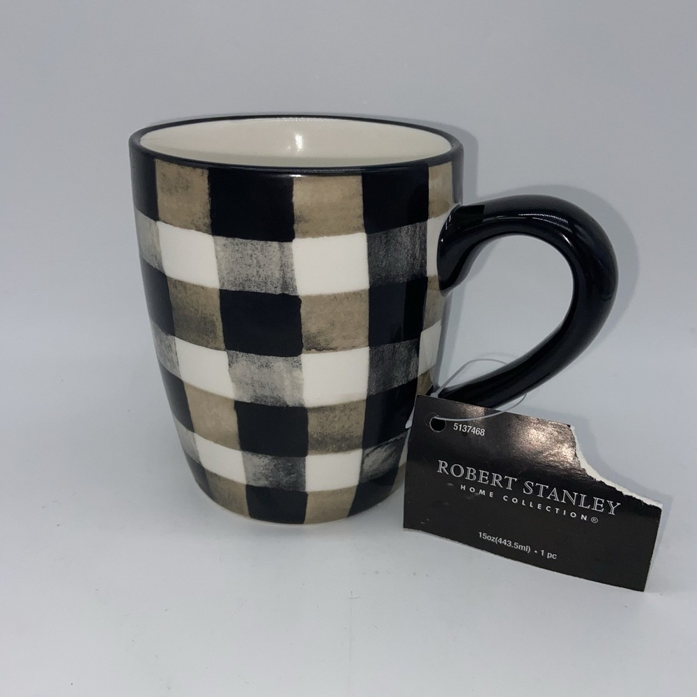 Robert Stanley Coffee Mug Cup Black‎ White Khaki Buffalo Plaid Check NEW